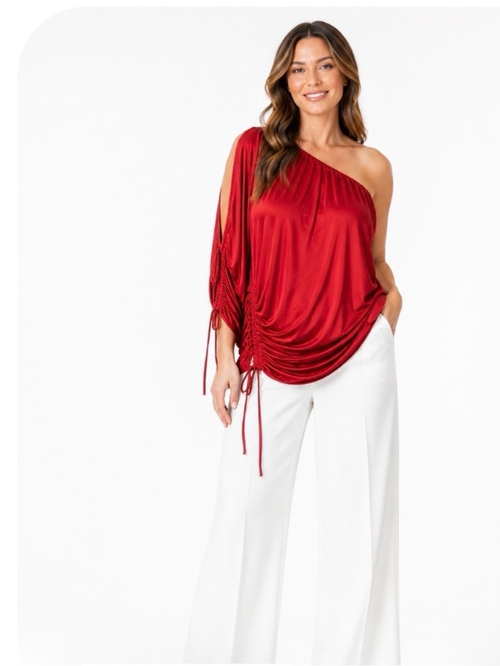 Women’s One-Shoulder Red Ruched Satin Top